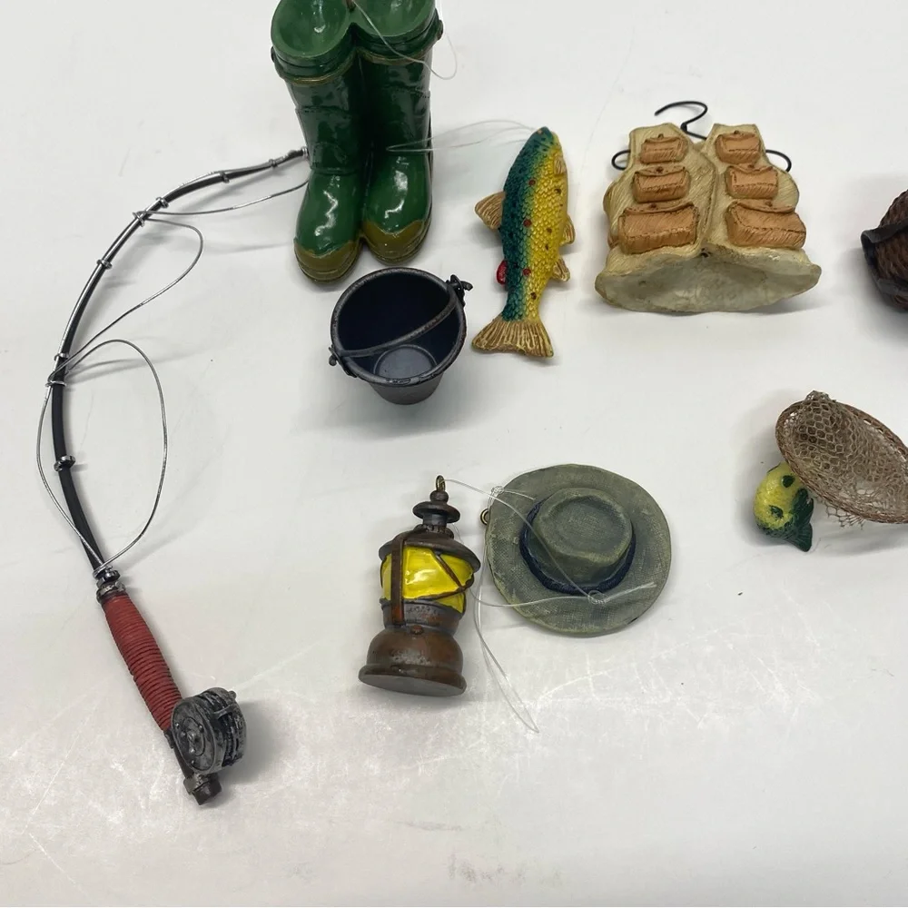 Fishing Miniature Set of 10 Christmas Tree Ornaments boots rods & accessories